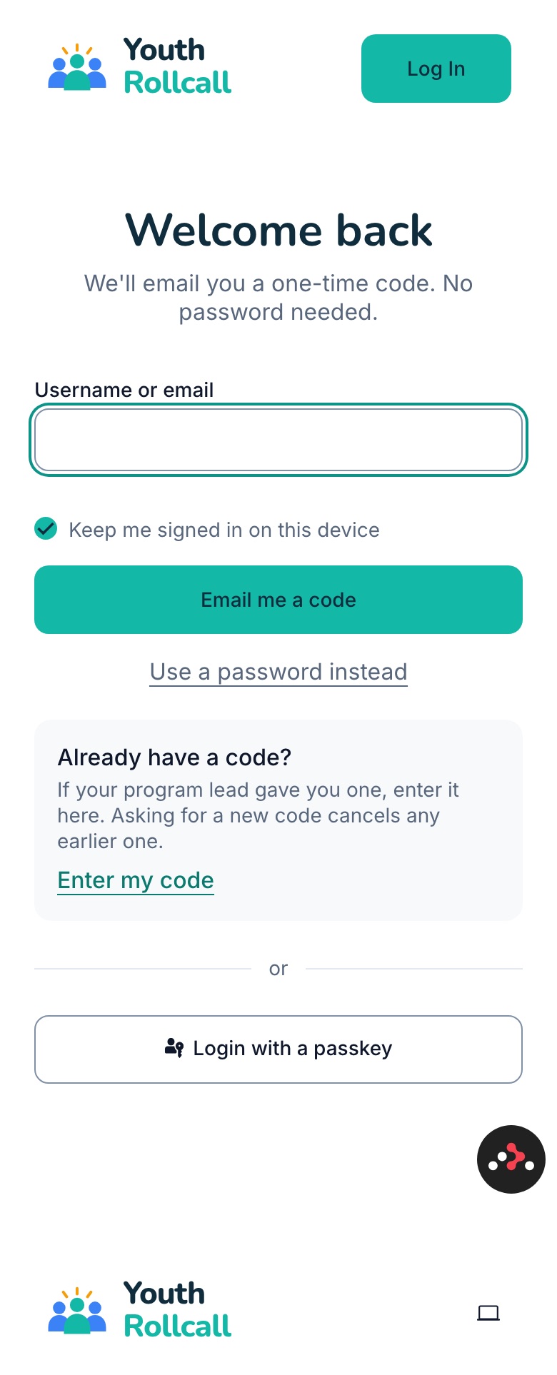 The Youth Rollcall login page with a username or email field and an "Email me a code" button