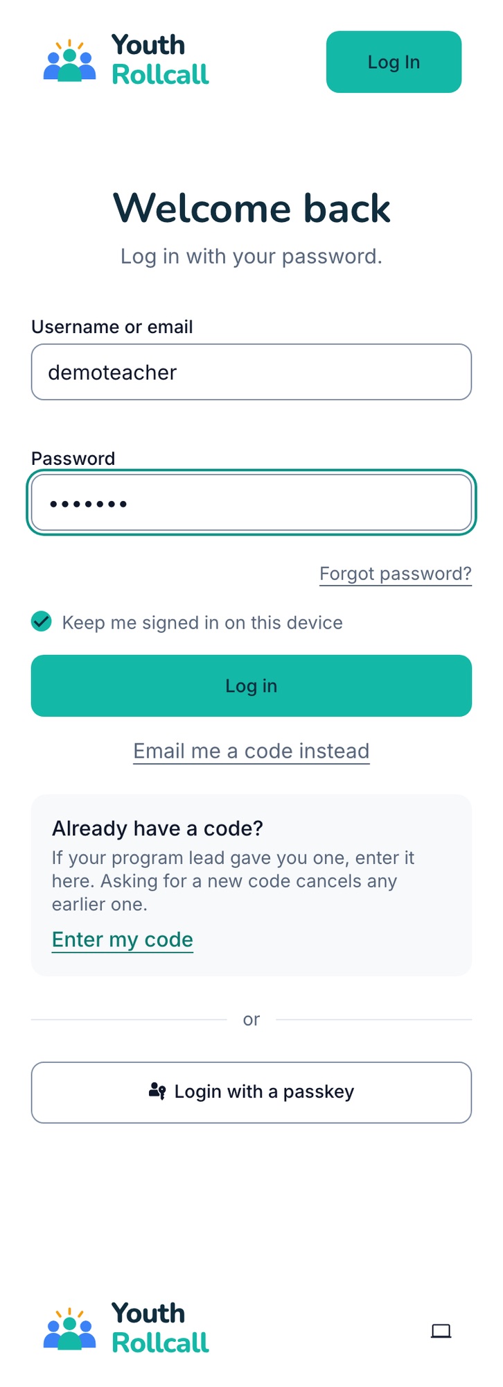 The login page in password mode, with username and password filled in