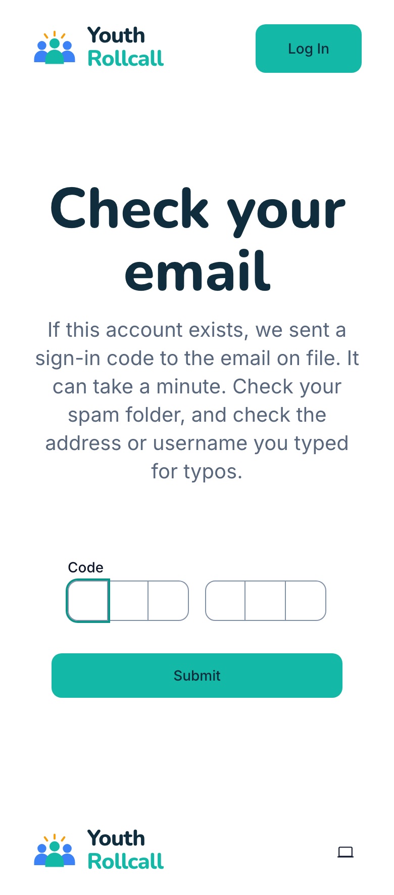 The "Check your email" page with six boxes for the sign-in code