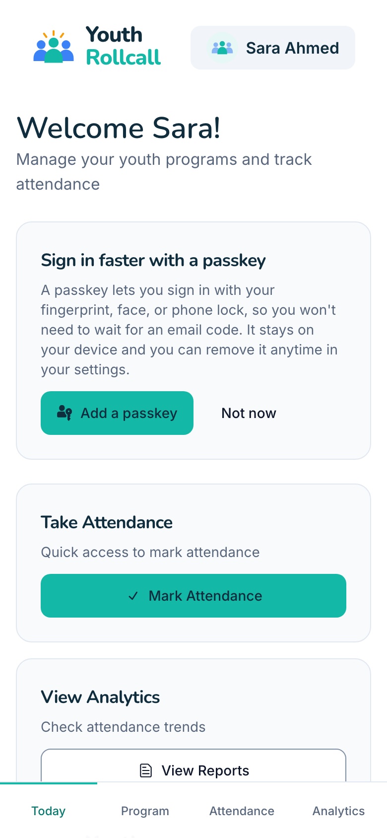The Today page with a "Sign in faster with a passkey" card and a "Mark Attendance" button