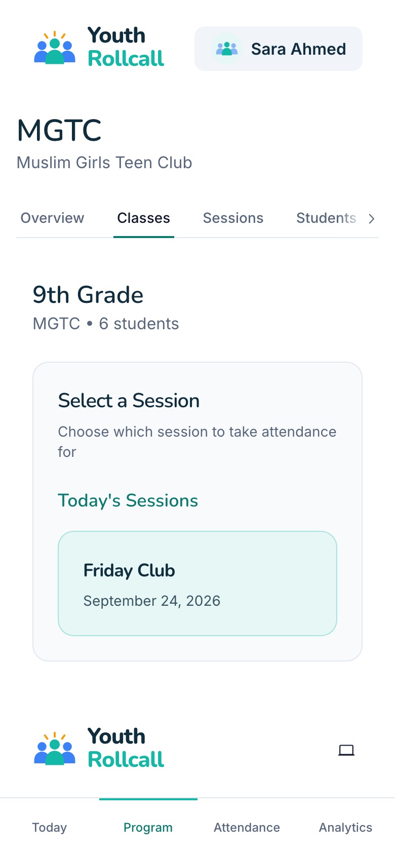 The Select a Session page with today's session highlighted