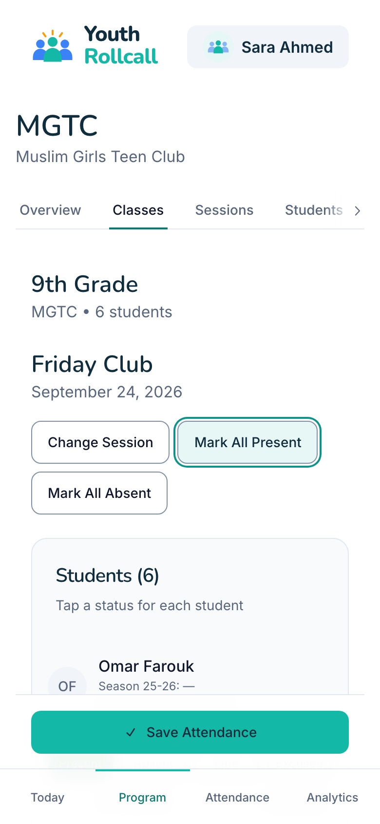 The attendance page after tapping Mark All Present, with Change Session, Mark All Present and Mark All Absent buttons