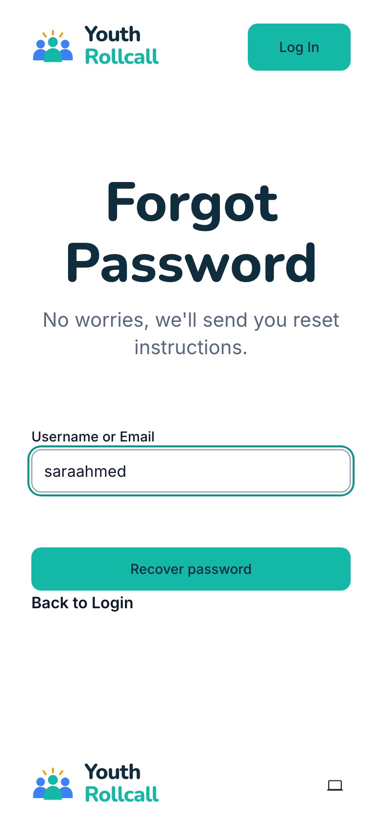 The Forgot Password page with a username or email field and a Recover password button