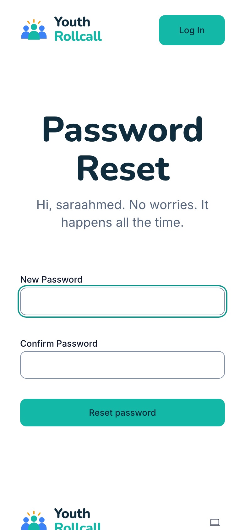 The Password Reset page with New Password and Confirm Password fields